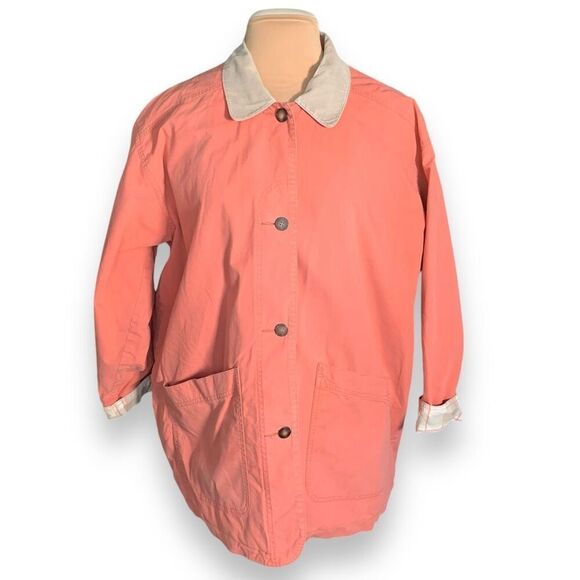 Vintage Jackets & Blazers - Vintage Eddie Bauer Canvas Barn Chore Jacket Peach Coral Corduroy Collar Plaid